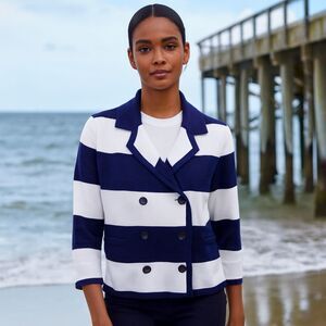 Lands End Nautical Stripe Jacket Womens Sz L Double Breasted Navy Cotton Boxy